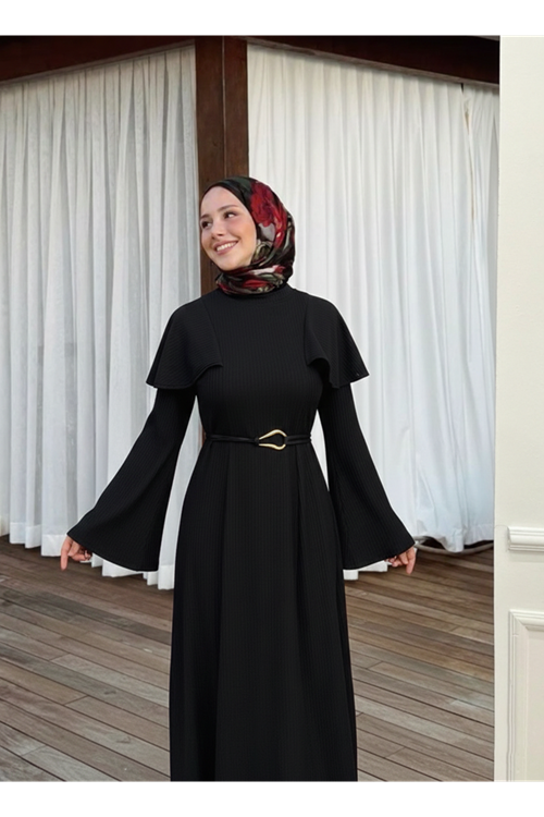 ELB04113-SYH Omuzlar Aller Detay Elbise-Siyah