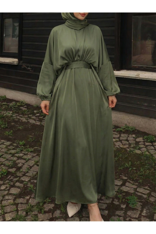ELB04118-HKİ Bağlama Detaylı İkili Saten Elbise-Haki
