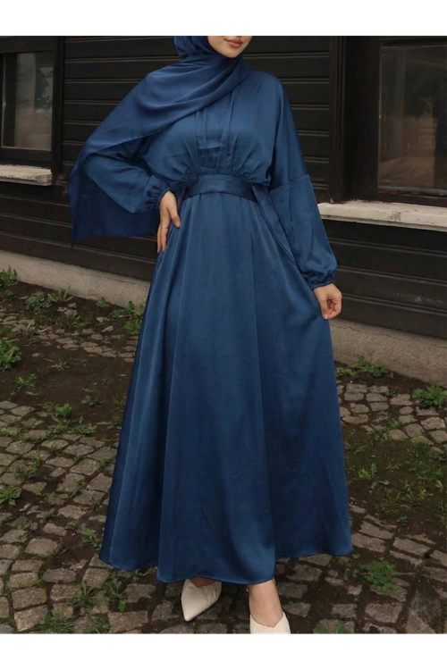 ELB04118-PMV Bağlama Detaylı İkili Saten Elbise-Petrol Mavisi
