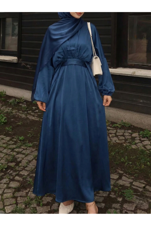 ELB04118-PMV Bağlama Detaylı İkili Saten Elbise-Petrol Mavisi