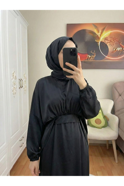 ELB04118-SYH Bağlama Detaylı İkili Saten Elbise-Siyah