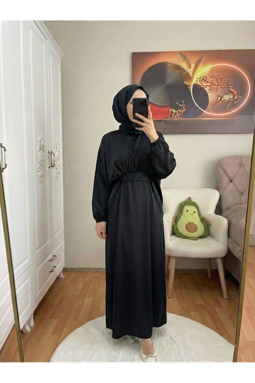ELB04118-SYH Bağlama Detaylı İkili Saten Elbise-Siyah