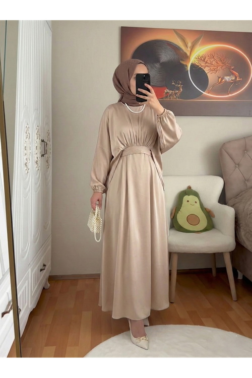 ELB04118-TAŞ Bağlama Detaylı İkili Saten Elbise-Taş