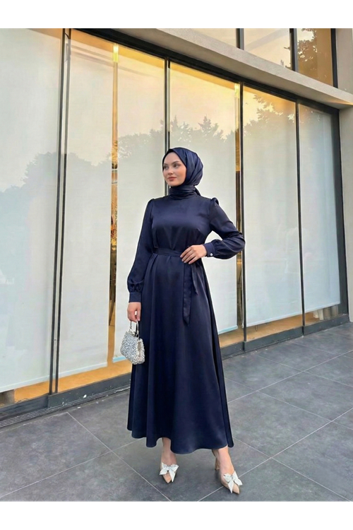 ELB04119-LCV Kuşak Detay Saten Elbise-Lacivert