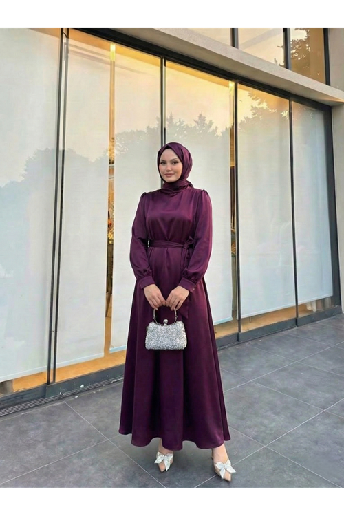 ELB04119-MRD Kuşak Detay Saten Elbise-Mürdüm