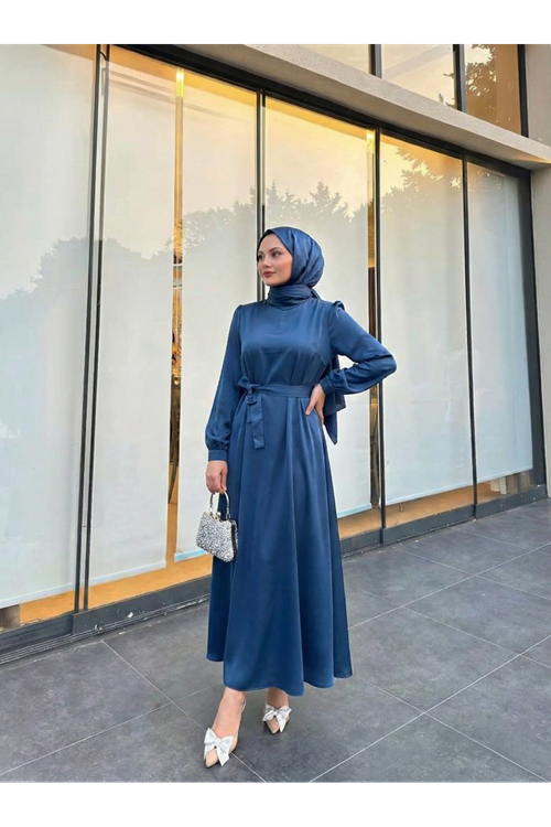 ELB04119-PMV Kuşak Detay Saten Elbise-Petrol Mavisi