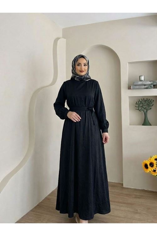 ELB04119-SYH Kuşak Detay Saten Elbise-Siyah