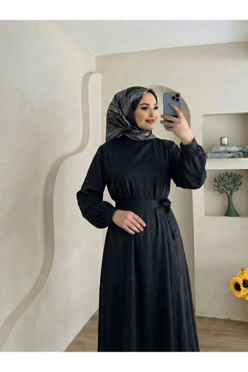 ELB04119-SYH Kuşak Detay Saten Elbise-Siyah