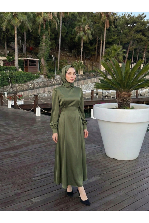 ELB04120-HKİ Kuşak Aksesuar Detay Saten Elbise-Haki