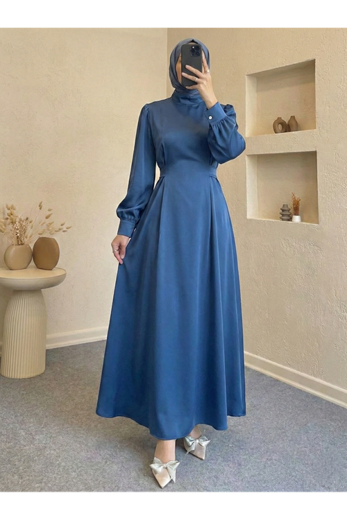 ELB04120-PMV Kuşak Aksesuar Detay Saten Elbise-Petrol Mavisi