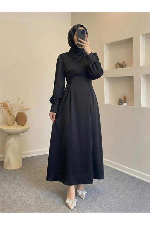 ELB04120-SYH Kuşak Aksesuar Detay Saten Elbise-Siyah