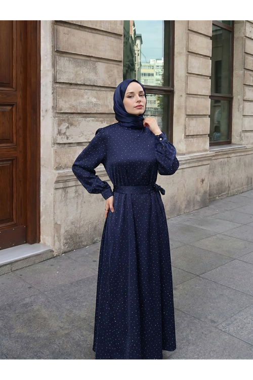 ELB04121-LCV Saten Taşlı Elbise-Lacivert