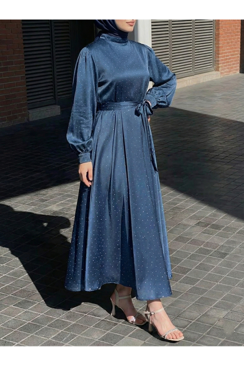 ELB04121-PMV Saten Taşlı Elbise-Petrol Mavisi