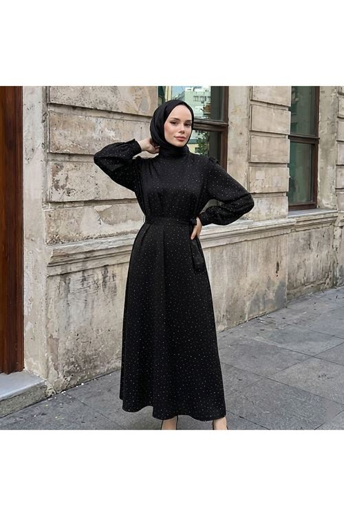 ELB04121-SYH Saten Taşlı Elbise-Siyah