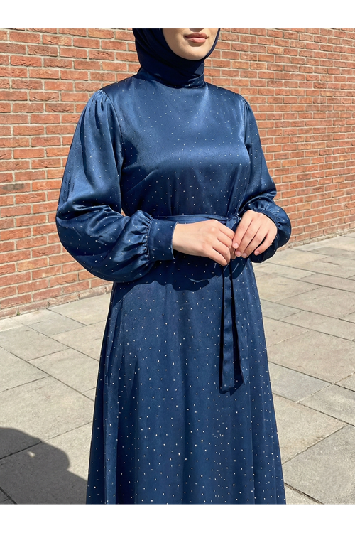 ELB04121-PMV Saten Taşlı Elbise-Petrol Mavisi