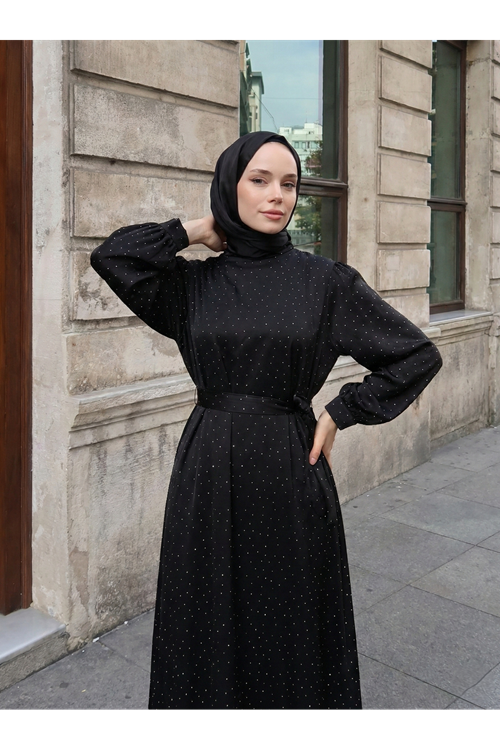 ELB04121-SYH Saten Taşlı Elbise-Siyah