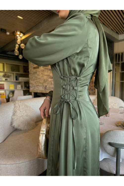 ELB04122-HKİ Yanlar Birit Bağlamalı Elbise-Haki