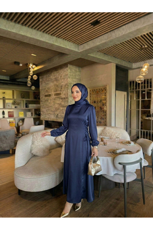 ELB04122-LCV Yanlar Birit Bağlamalı Elbise-Lacivert