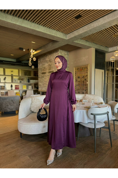 ELB04122-MRD Yanlar Birit Bağlamalı Elbise-Mürdüm