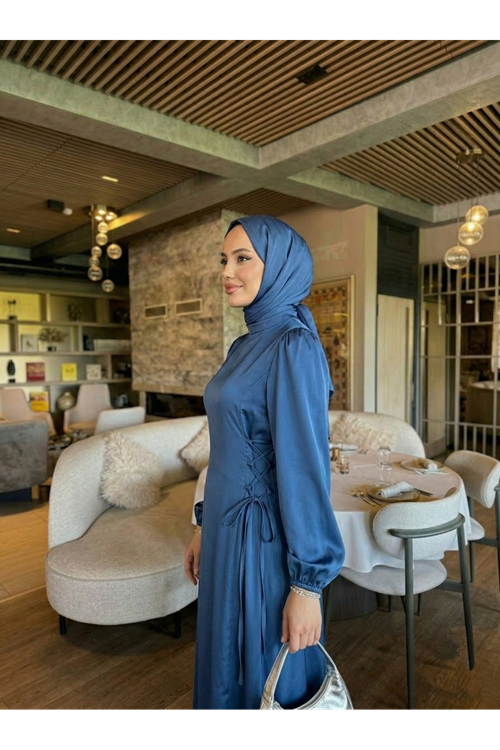 ELB04122-PMV Yanlar Birit Bağlamalı Elbise-Petrol Mavisi