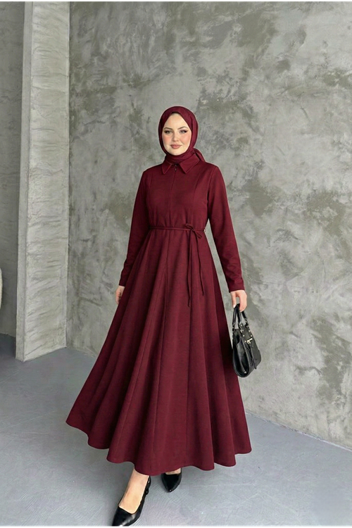 ELB04124-BRD Yaka Fermuar Detay Elbise-Bordo