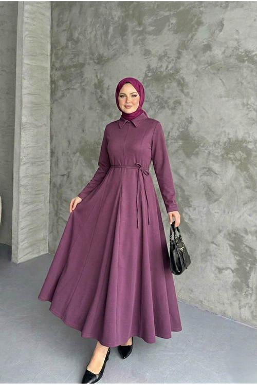 ELB04124-GKR Yaka Fermuar Detay Elbise-Gül Kurusu