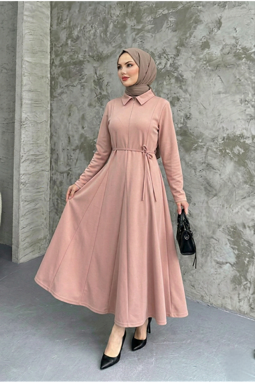 ELB04124-PDR Yaka Fermuar Detay Elbise-Pudra