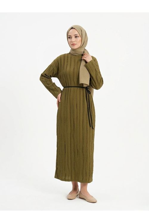 ELB04128-69 Pilise Dokulu Kemer Detay Elbise-YAĞ YEŞİLİ
