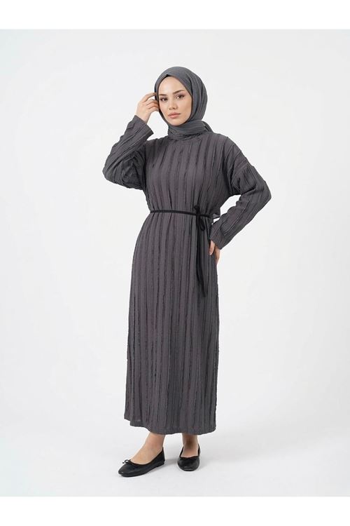 ELB04128-ANT Pilise Dokulu Kemer Detay Elbise-Antrasit