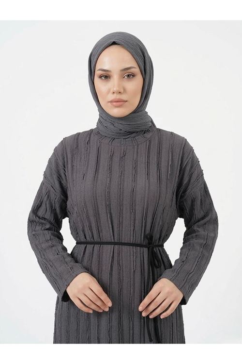 ELB04128-ANT Pilise Dokulu Kemer Detay Elbise-Antrasit