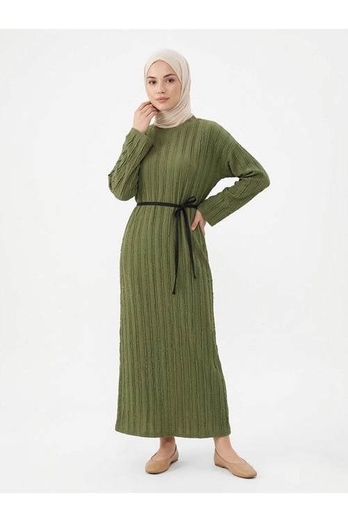ELB04128-HKİ Pilise Dokulu Kemer Detay Elbise-Haki