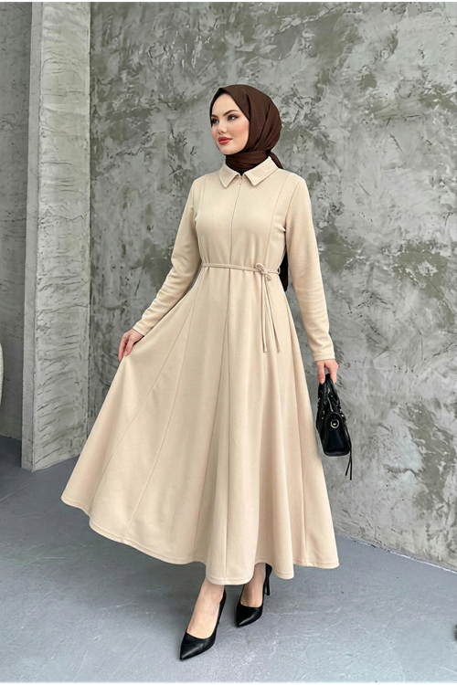 ELB04124-TAŞ Yaka Fermuar Detay Elbise-Taş