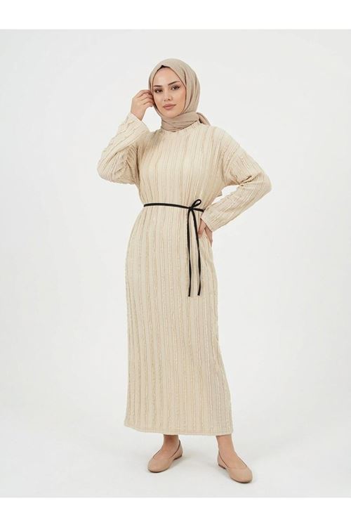 ELB04128-TAŞ Pilise Dokulu Kemer Detay Elbise-Taş