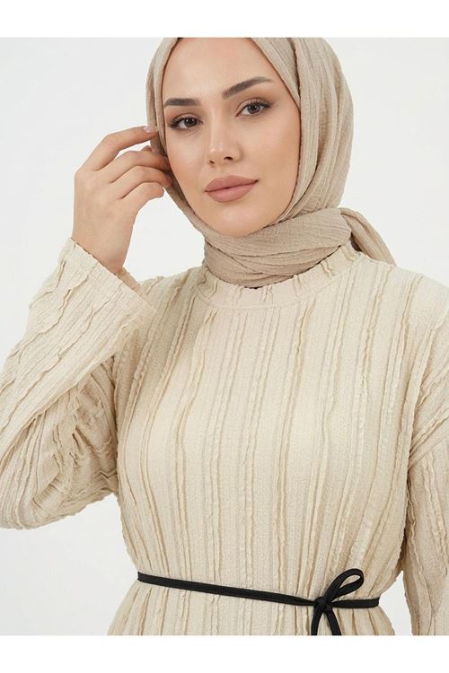 ELB04128-TAŞ Pilise Dokulu Kemer Detay Elbise-Taş