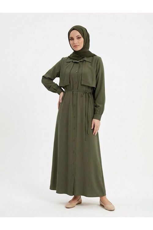 ELB04130-HKİ Aller Detay Patlı Elbise-Haki