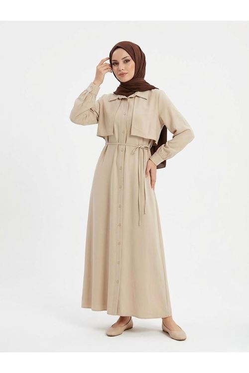 ELB04130-TAŞ Aller Detay Patlı Elbise-Taş