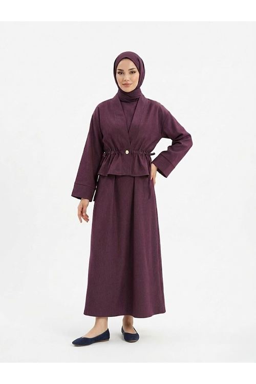 ELB04131-BRD Ceket Detay İkili Elbise-Bordo