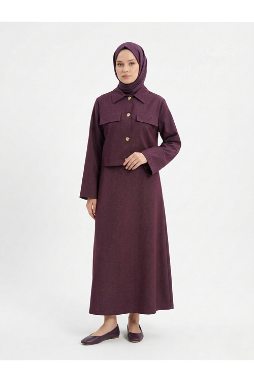 ELB04132-BRD Ceket Düğme Detay İkili Elbise-Bordo