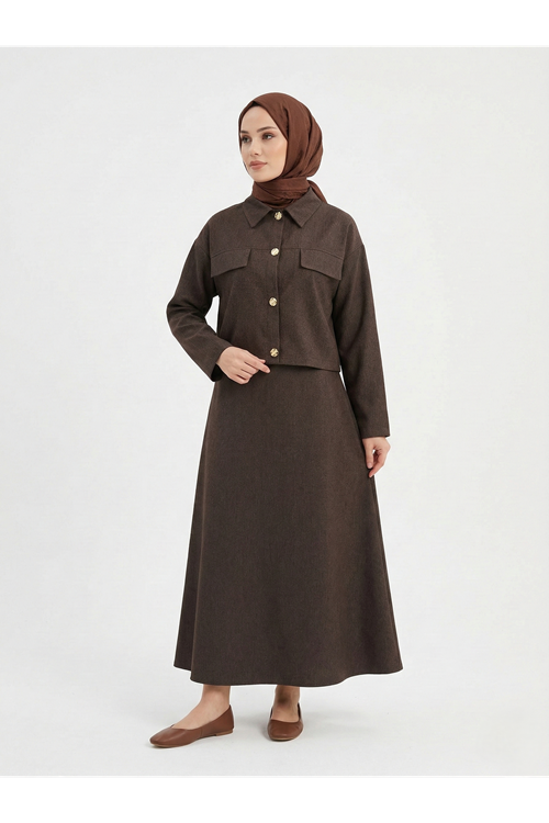 ELB04132-KHV Ceket Düğme Detay İkili Elbise-Kahve