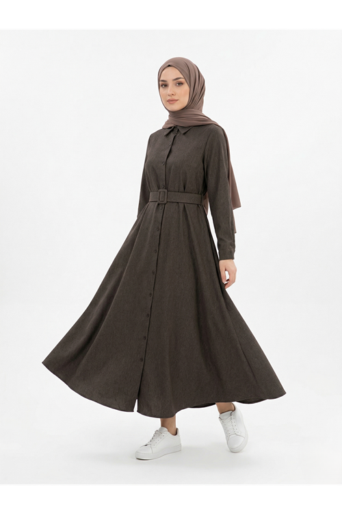 ELB04133-KHV Kaplama Kemer Detay Patlı Elbise-Kahve