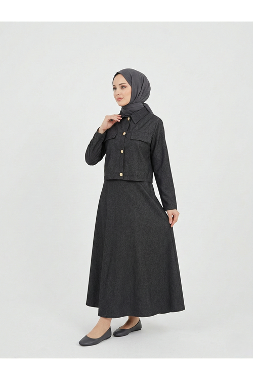 ELB04132-SYH Ceket Düğme Detay İkili Elbise-Siyah