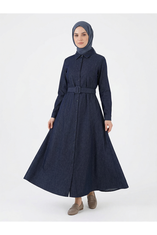 ELB04133-LCV Kaplama Kemer Detay Patlı Elbise-Lacivert