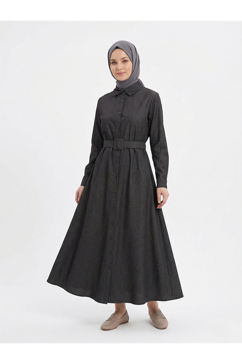 ELB04133-SYH Kaplama Kemer Detay Patlı Elbise-Siyah