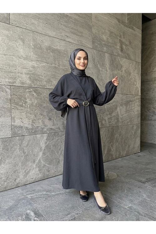 ELB04135-ANT Önden Bağlamalı Aksesuar Detay İkili Elbise-Antrasit
