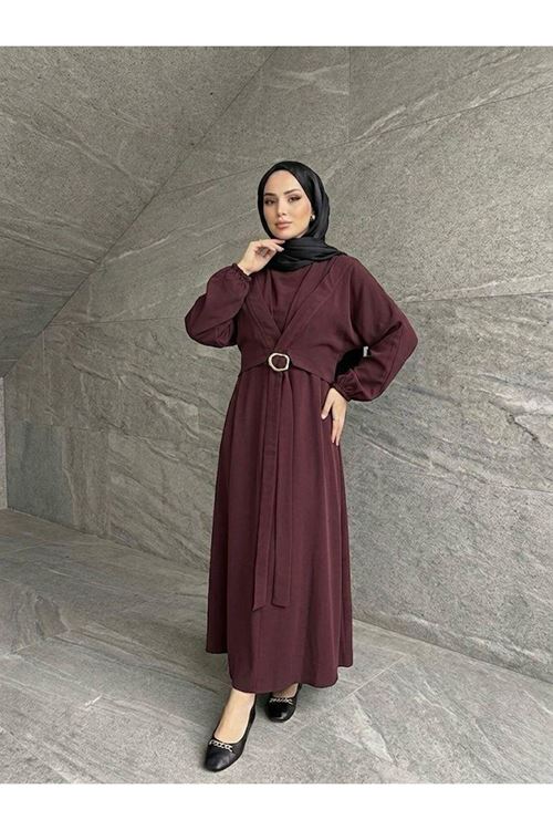 ELB04135-BRD Önden Bağlamalı Aksesuar Detay İkili Elbise-Bordo