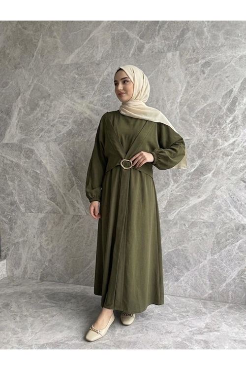 ELB04135-HKİ Önden Bağlamalı Aksesuar Detay İkili Elbise-Haki