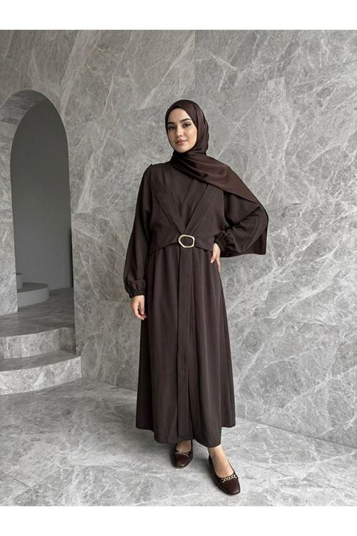 ELB04135-KHV Önden Bağlamalı Aksesuar Detay İkili Elbise-Kahve