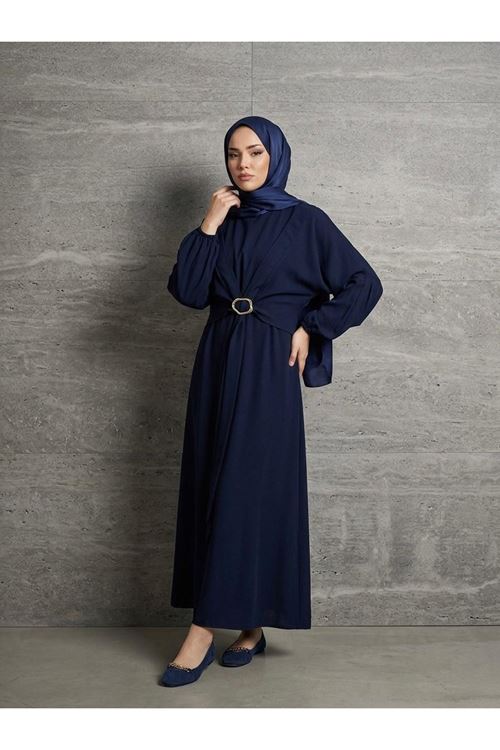 ELB04135-LCV Önden Bağlamalı Aksesuar Detay İkili Elbise-Lacivert