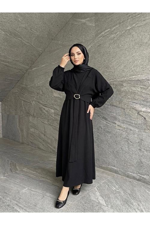 ELB04135-SYH Önden Bağlamalı Aksesuar Detay İkili Elbise-Siyah