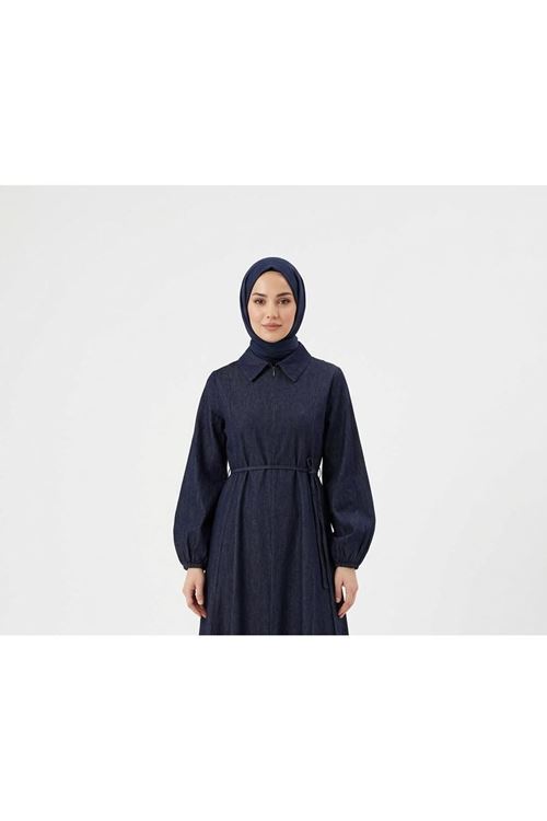 ELB04136-LCV Yakalı Fermuar Detay Elbise-Lacivert